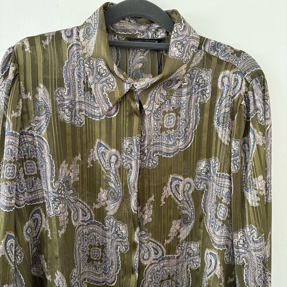 Zara Printed Multicolor Metallic Thread Paisley Print Blouse Shirt Size L NWT - Picture 11 of 14